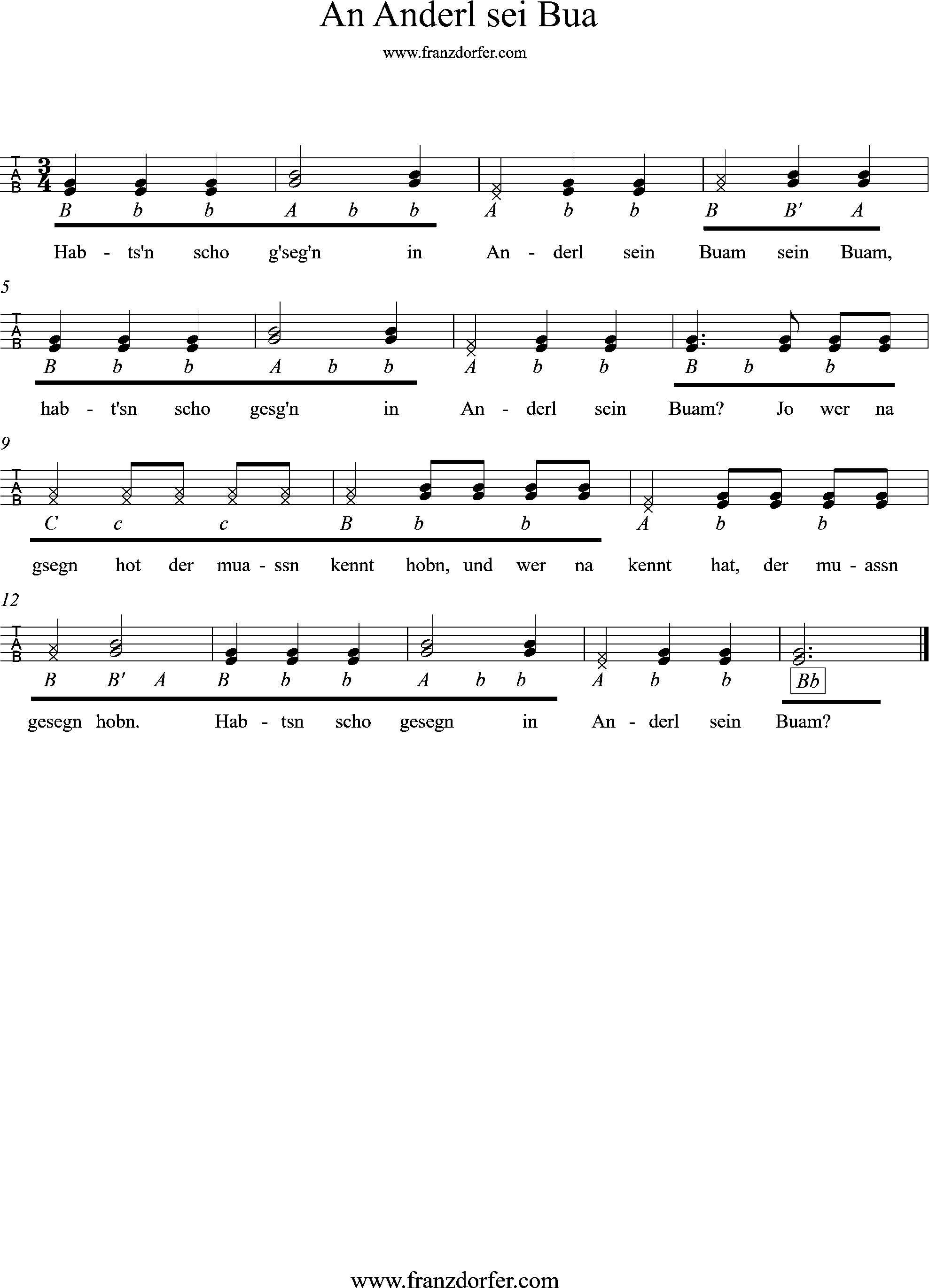 Quetschn Noten , An Anderl sei Bua-griffschrift